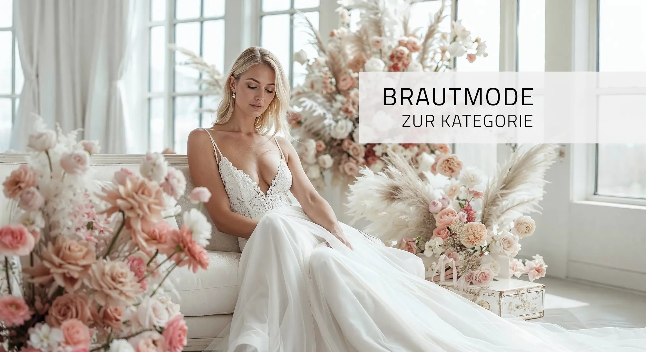 Braut sitzt in einem Hochzeitskleid auf einer Couch von Blumen umrahmt