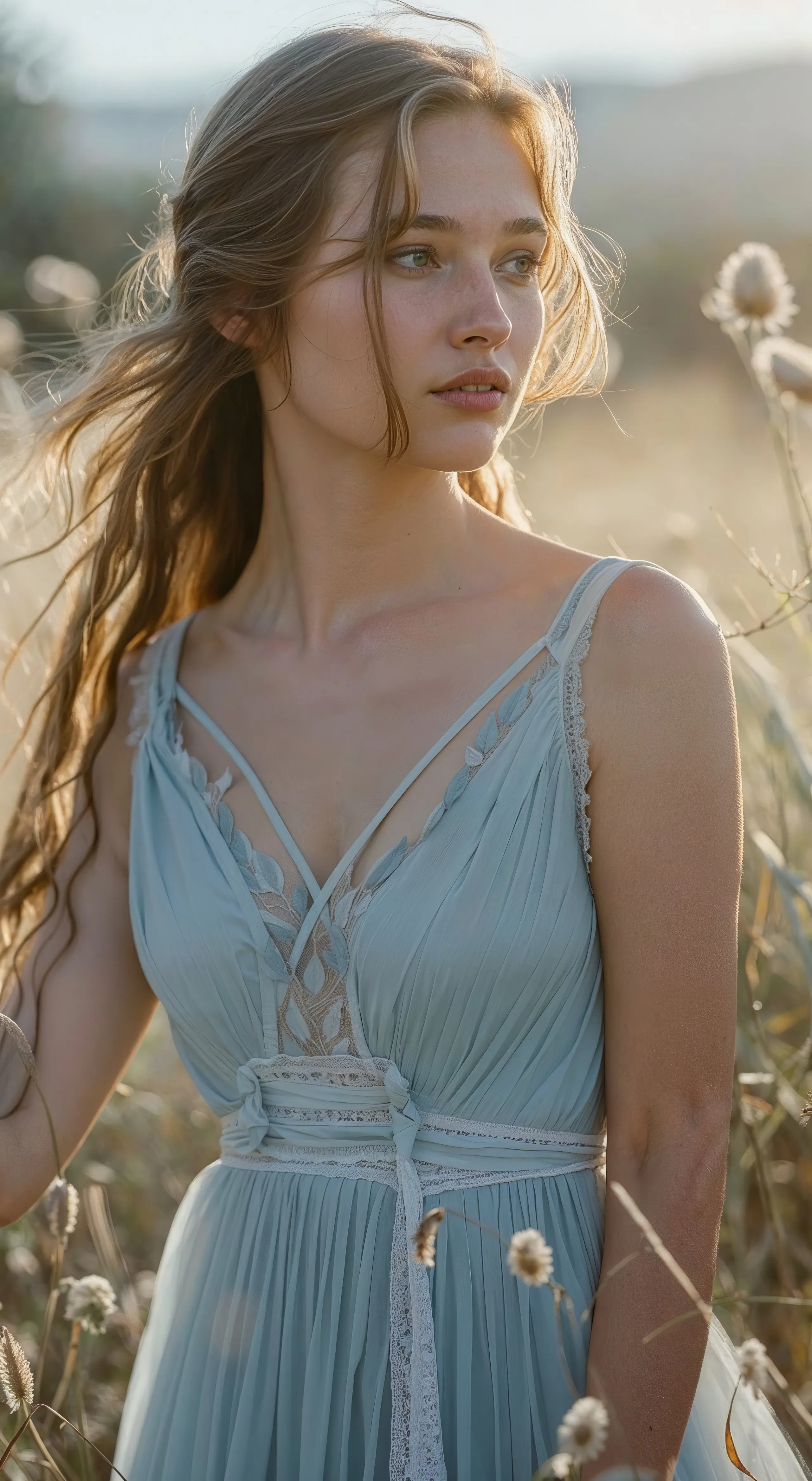 Frau steht in einem hellblauen Chiffon-Abendkleid in einer Herbstwiese